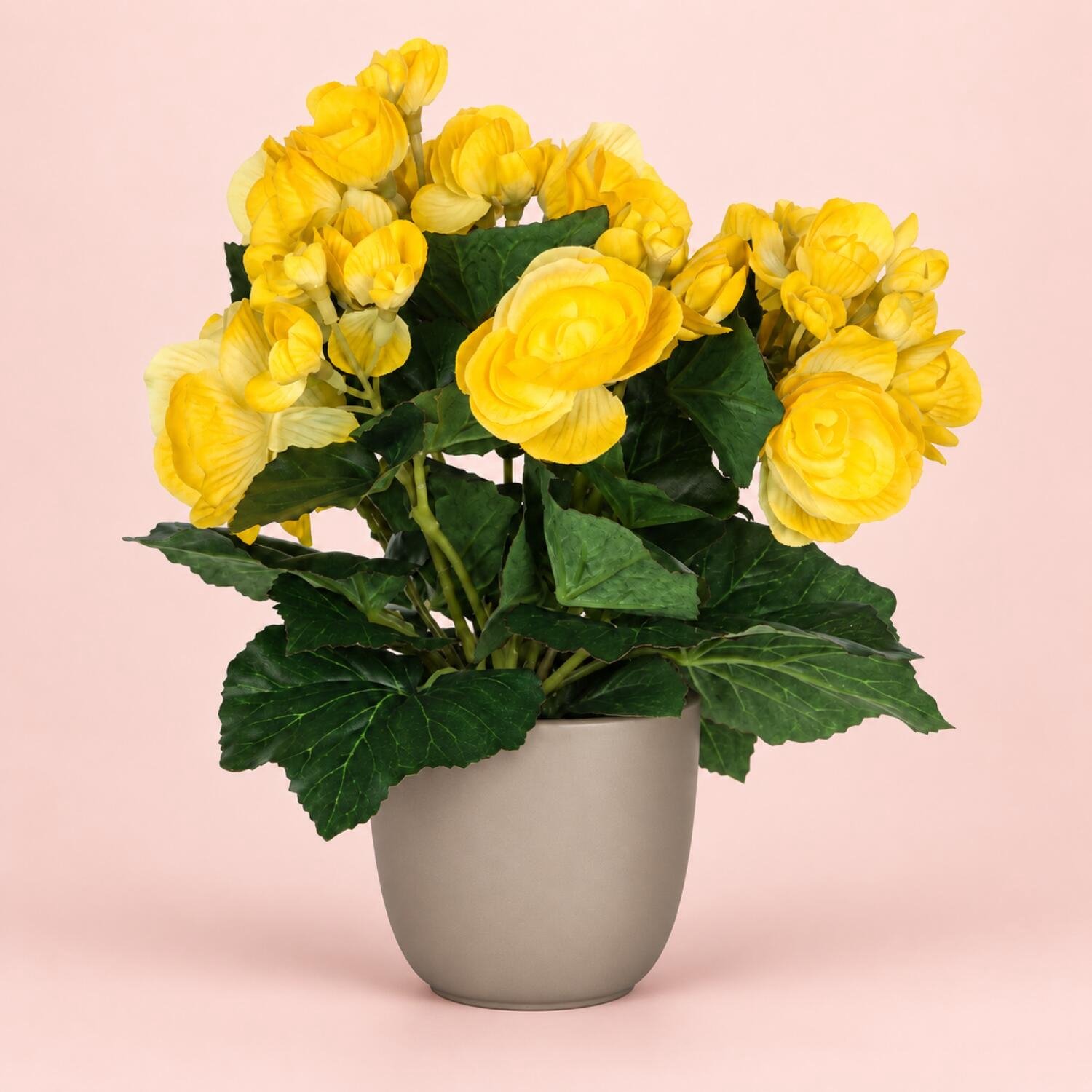 Mica Decorations Kunstplant - Begonia - geel - H25 cm - in bloempot taupe - keramiek - complete set van pot en plant - decoratie stuk