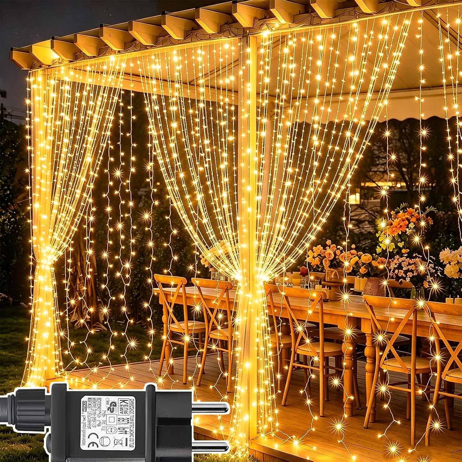 1 stuk-lamp gordijn-6m x 3m 600LED lamp string gordijn-8 patronen kerst verlichting voeding-waterdicht-raam lamp string-geschikt voor de muur kamer balkon buiten interieur-kerst decoratie (warm wit)