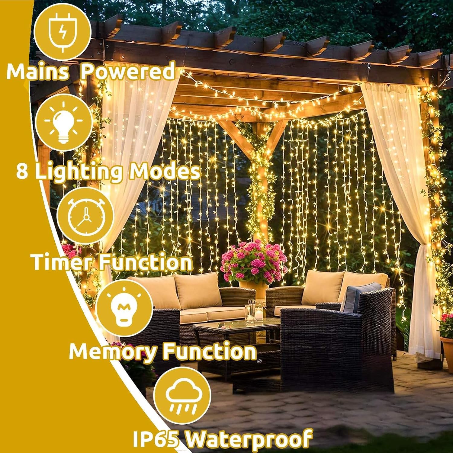1 stuk-lamp gordijn-6m x 3m 600LED lamp string gordijn-8 patronen kerst verlichting voeding-waterdicht-raam lamp string-geschikt voor de muur kamer balkon buiten interieur-kerst decoratie (warm wit) – foto 3