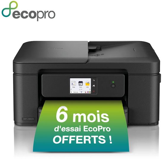 Zwarte Brother multifunctionele inkjetprinter met een scherm waarop staat: 6 maanden EcoPro proefperiode GRATIS!