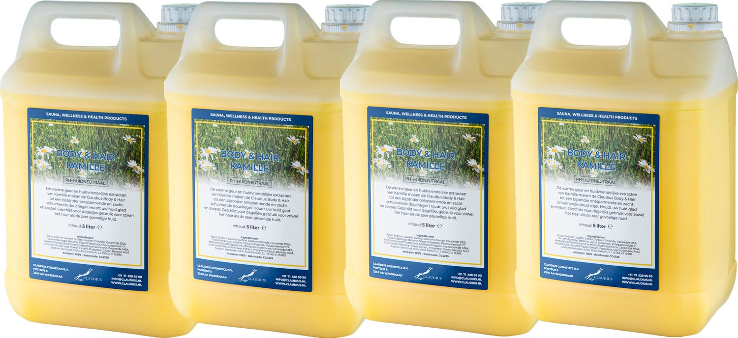 Claudius Body & Hair Kamille - 5 liter - set van 4 stuks - showergel - navulling - voordeelverpakking