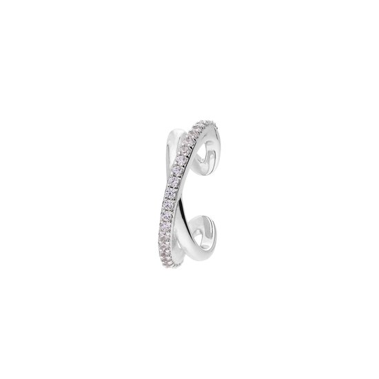 Zilverkleurige earcuff met een gekruist design, versierd met glinsterende zirkonia's.