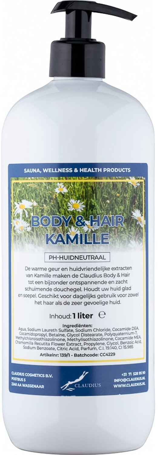 Claudius Body & Hair Kamille - 1 liter met gratis zwarte pomp - showergel - navulling - voordeelverpakking