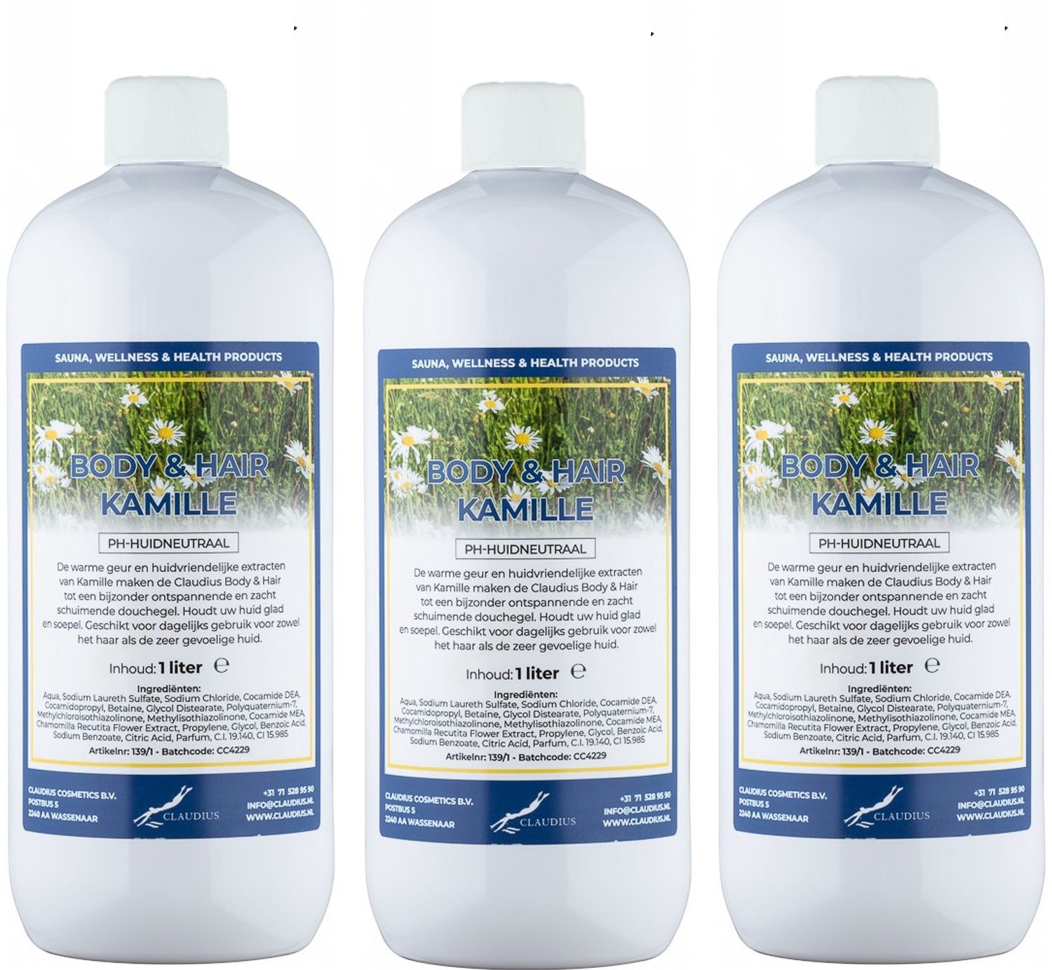 Claudius Body & Hair Kamille - 1 liter - set van 3 stuks - showergel - navulling - voordeelverpakking
