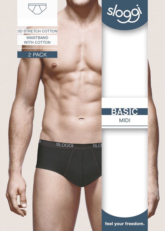 Model draagt zwarte Sloggi Basic Midi slip met 3D stretch katoenen tailleband. 2-pack.