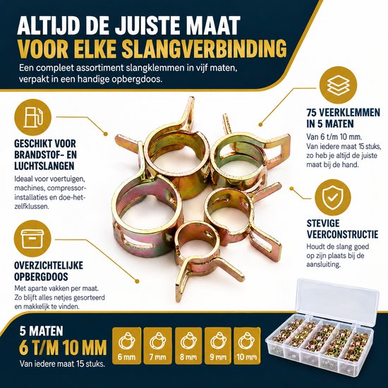 BukkitBow - Metalen Slangklemmen - Verzinkte Veerklemmen in Opbergdoos - Assortiment Slangklemmen 6 t/m 10mm voor Brandstof en Luchtslangen - Set van 75 Metalen Slangklemmen van Merkloos — afbeelding 2