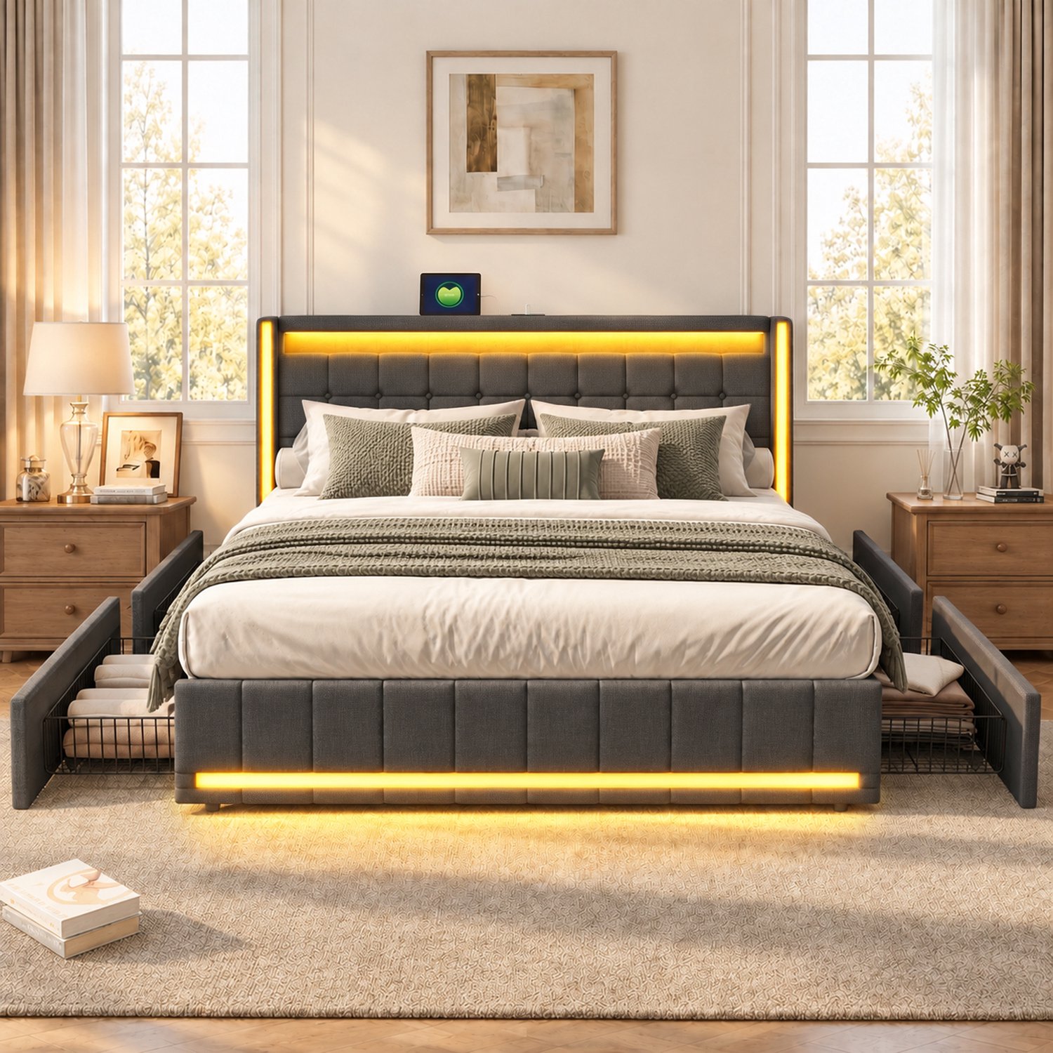 ROSAHQNDA Gestoffeerd bed 140 x 190 cm, tweepersoonsbed met ledverlichting, 4 lades en lattenbodem, hoofdbord met opbergruimte en USB-aansluiting, multifunctioneel bed, opbergbed, tienerbed, rugleuning, bedframe, linnenlook, grijs, zonder matras