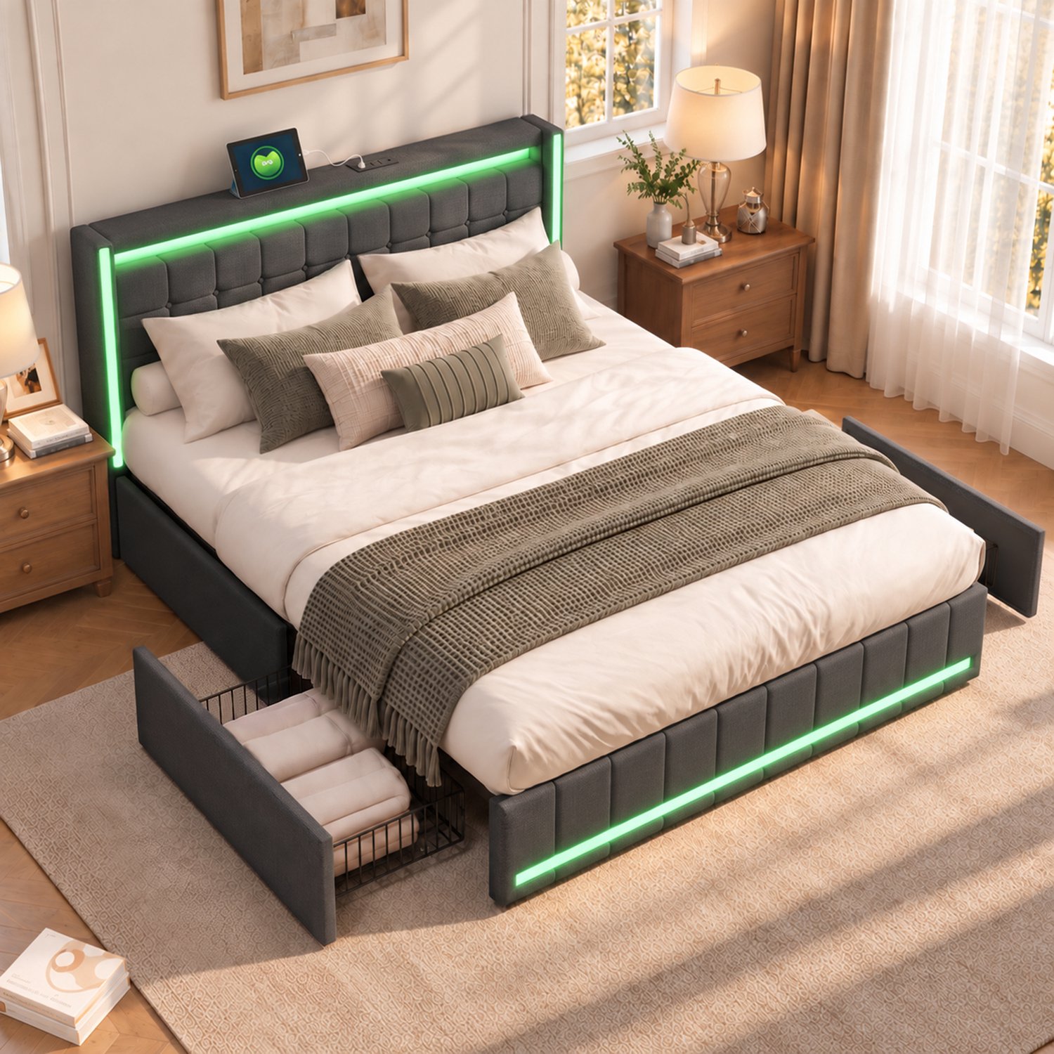 ROSAHQNDA Modern opbergbed Gestoffeerd bed van 160x200 cm met 4 lades, ledverlichting en USB-oplaadfunctie, tweepersoonsbed met opbergruimte en lattenbodem, kinderbed, grijze linnen stof, zonder matras grijs