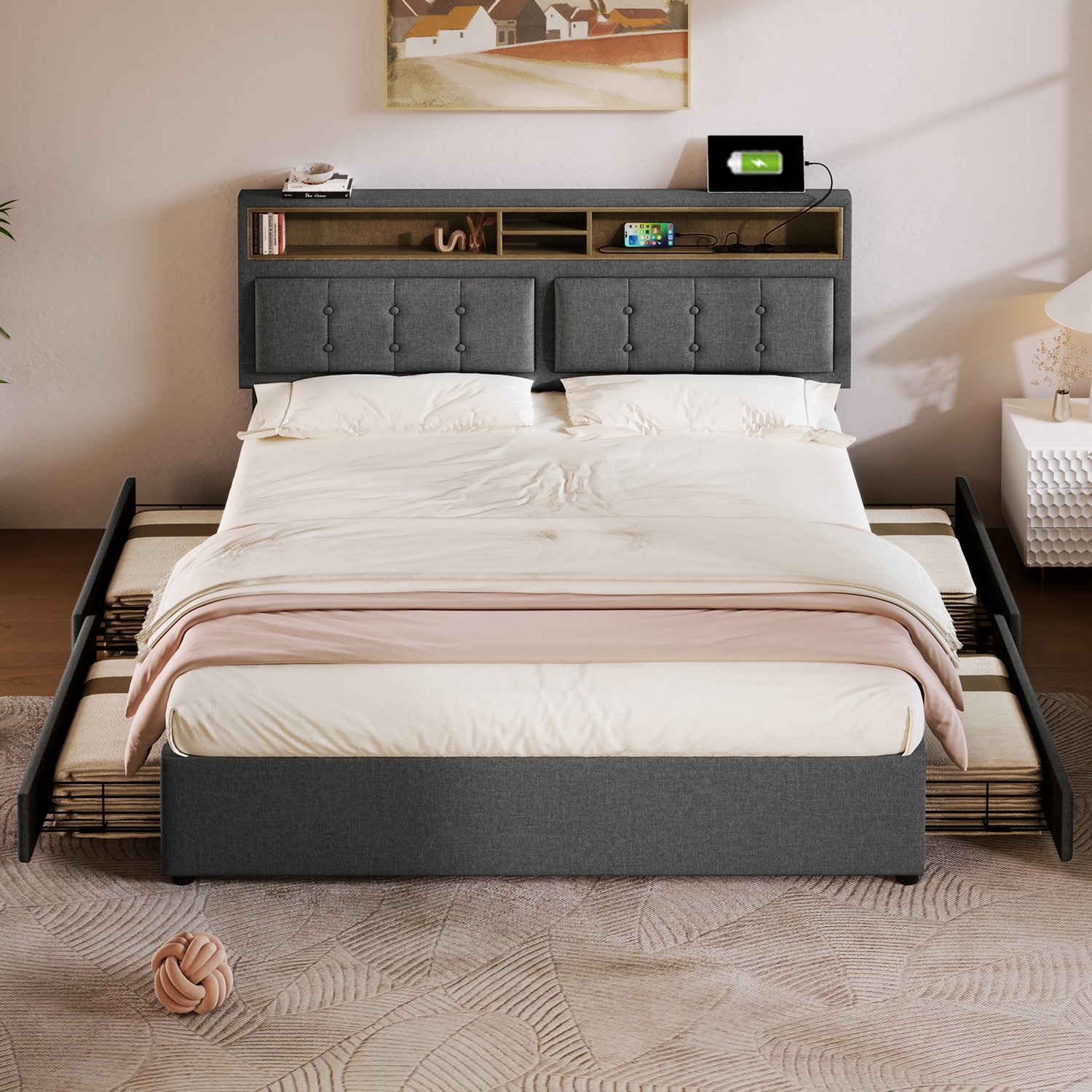 Soofeeli Gestoffeerd bed 140x200 cm – Met 4 opberglades en USB-C-aansluiting – Verstelbaar hoofdbord – Inclusief houten lattenbodem – Zonder matras Grijs