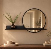 Ronde wandspiegel met plank zwart - Zwarte hal spiegel diameter 51 cm - Spiegel met wandplank- Woonkamer - Badkamer - Toilet - Spiegelplank - ByBresi Belvi Zwart