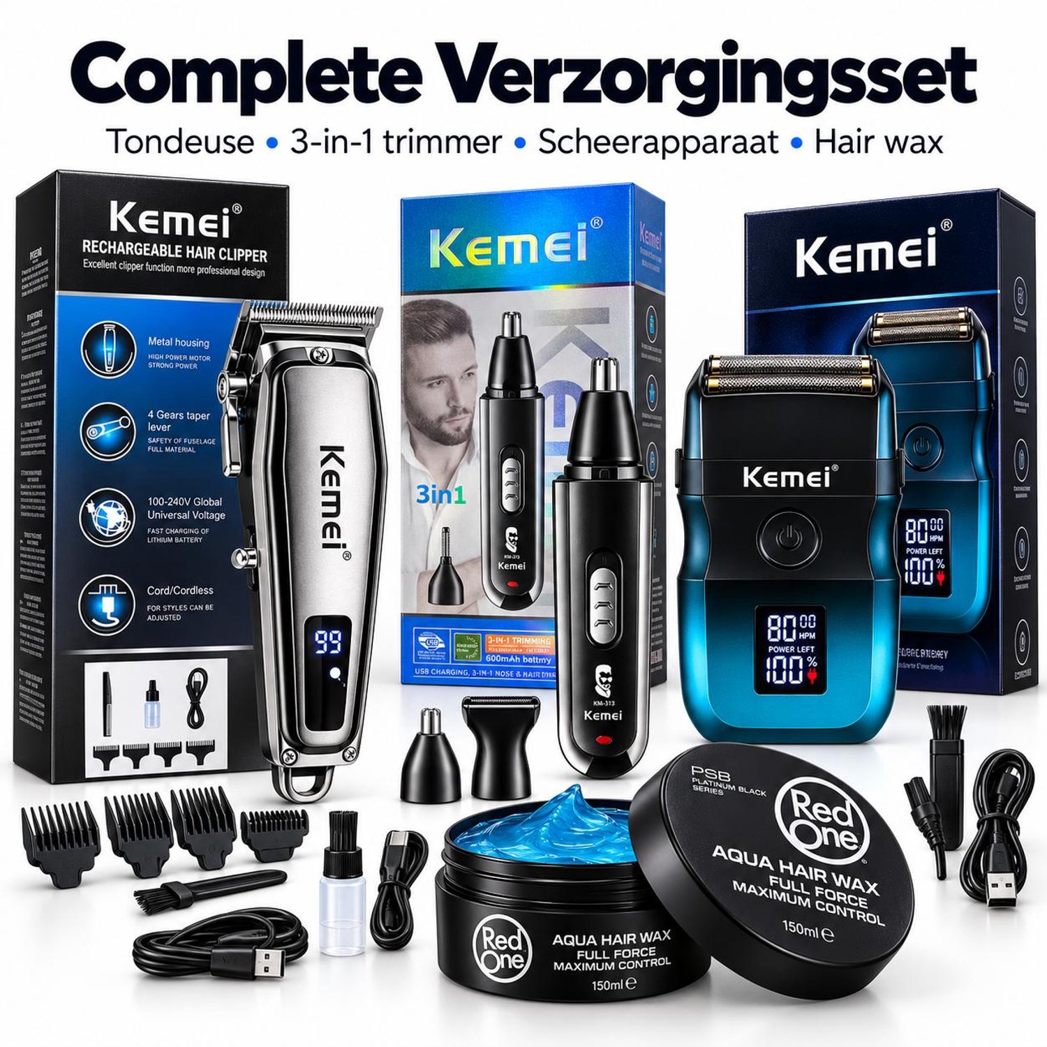 Kemei Complete Verzorgingsset voor Mannen – Tondeuse KM-1313 – 3-in-1 Neus-, Oor- & Baardtrimmer KM-313 – Elektrisch Foliescheerapparaat – RedOne Aqua Hair Wax 150 ml