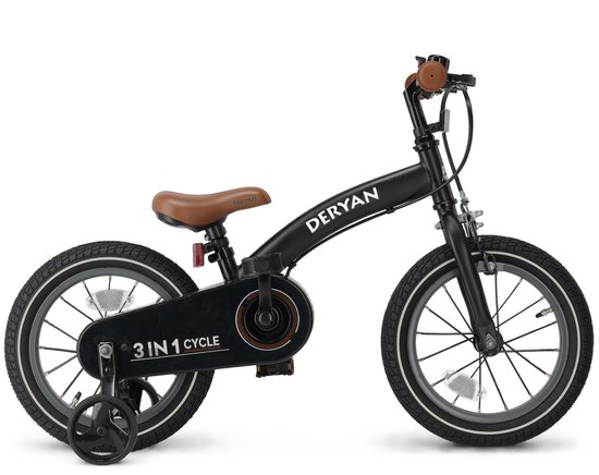 Zijaanzicht van de zwarte Deryan 3-in-1 kinderfiets met bruin zadel, zijwieltjes en '3 IN 1 CYCLE' tekst.