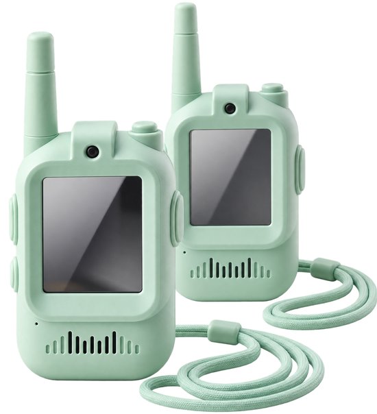 Twee mintgroene walkietalkies voor kinderen met camera, scherm en bijpassend nekkoord, geïsoleerd op wit.