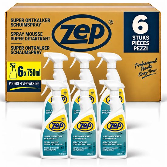 Voordeelverpakking met 6 flessen Zep Super Ontkalker schuimspray van 750 ml per stuk.