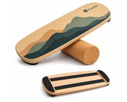 Funlife ALPINE Balansbord met Roller - Houten Balance Board van Berkenhout - Antislip Core Trainer tot 150 kg - Inclusief Kurkrol - Groen Berg Design