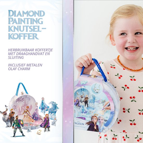 Kind met Frozen knutselkoffer met handvat, inclusief metalen Olaf-charm en diamond painting figuren.
