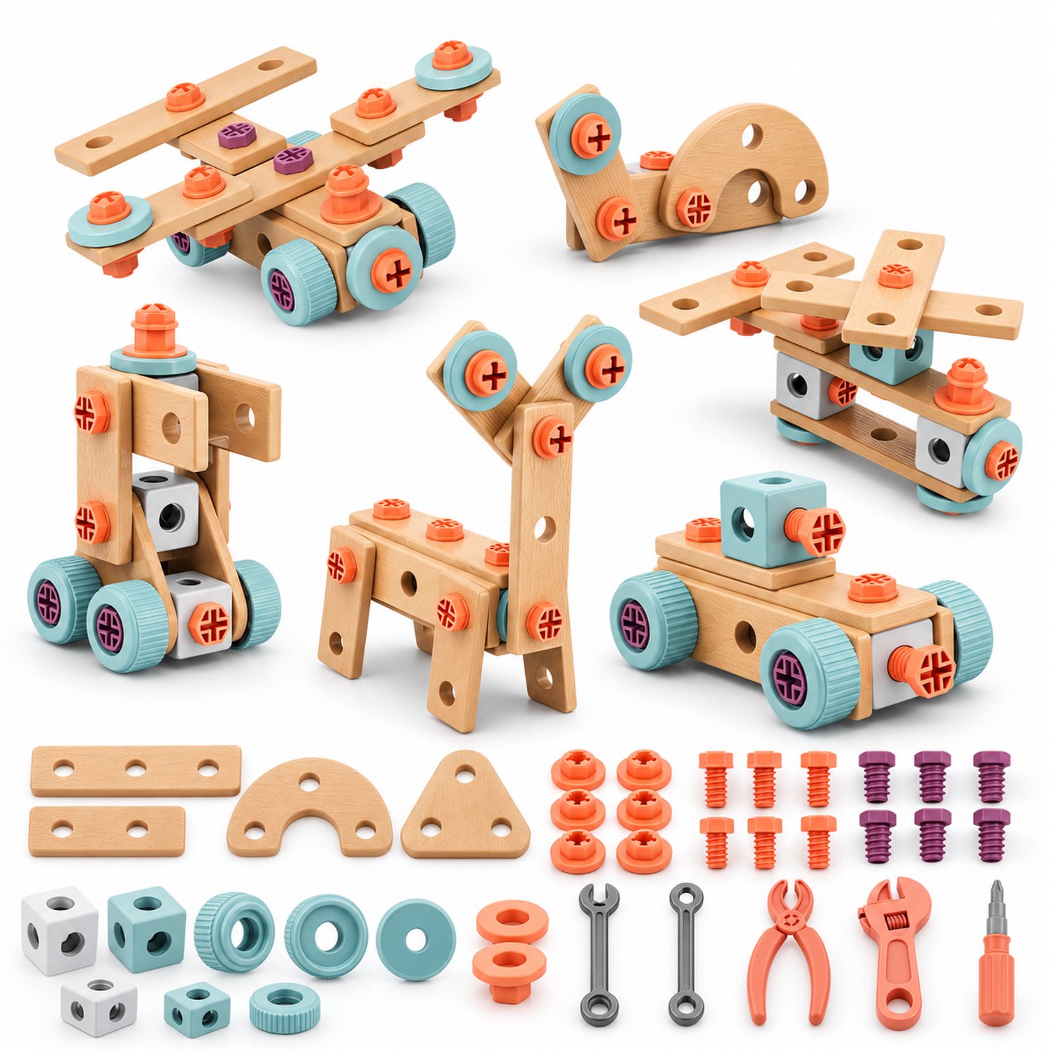 Flero Kinder Gereedschapsset - Houten Schroevendraaier Speelgoed met Gereedschapskist - Educatief Constructiespeelgoed voor Fijne Motoriek en Rollenspel - Montessori Speelgoed vanaf 3 Jaar - Verjaardagscadeau, Sinterklaascadeau