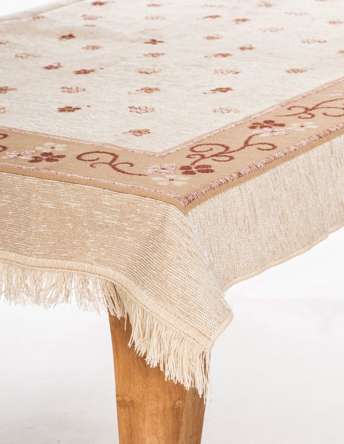 Handweef Tafelkleed Hortensia 1 - 125 x 125 cm - bloemen - beige - rood - chenille afgewerkt met franjes