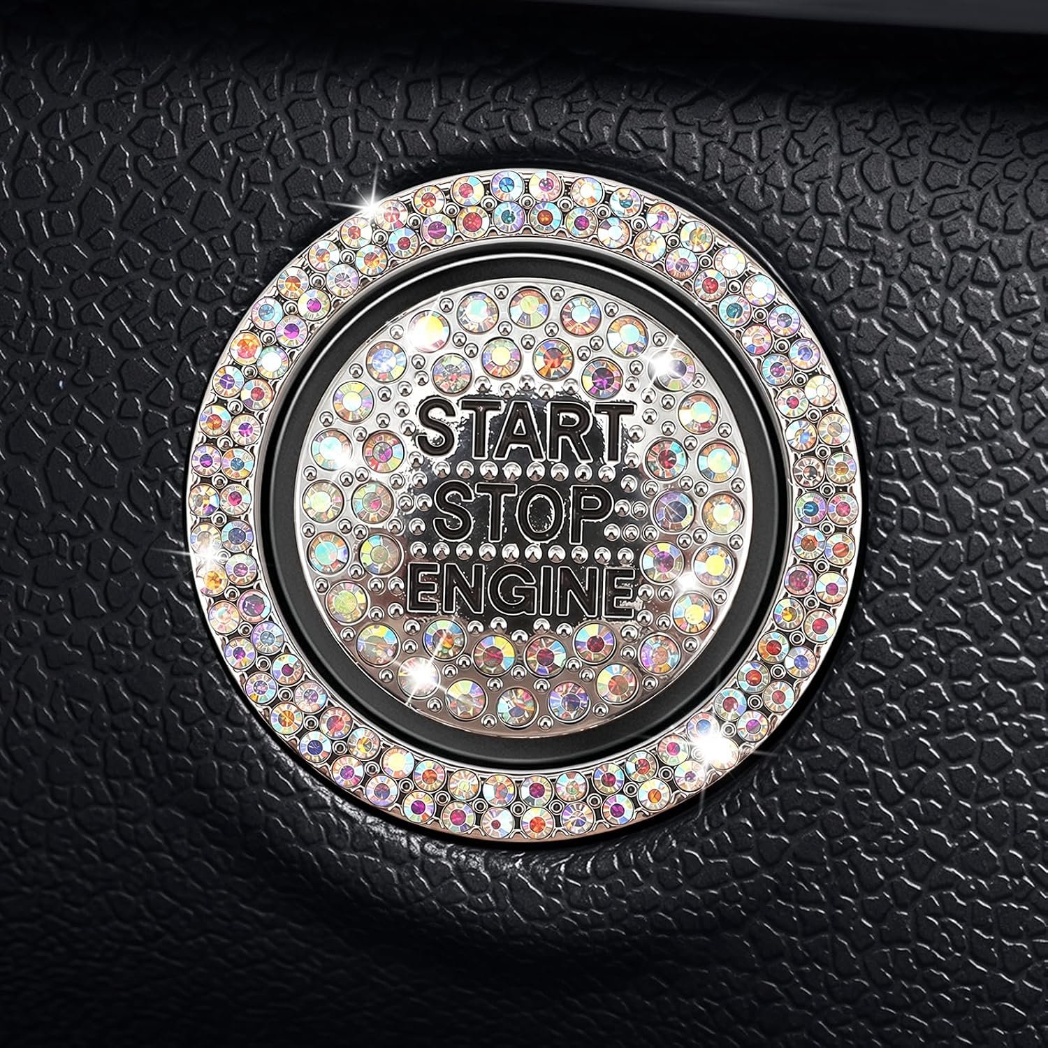 Bling start stop knopafdekking - veelkleurig - decoratieve ring met kristallen - voor auto interieur - m-winkel