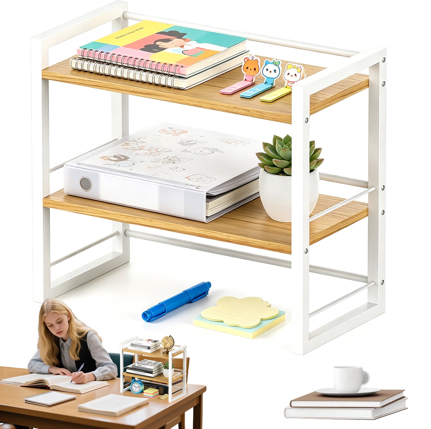 Bureau Opbergrek 2 Laags - Boekenrek - Open Schappen - Bureau Organizer - Koffiehoekrek - 40x36,7x20cm - Draagvermogen 10 kg - IJzer & Hout - Voor Bekers & Boeken & Schoolspullen & Planten
