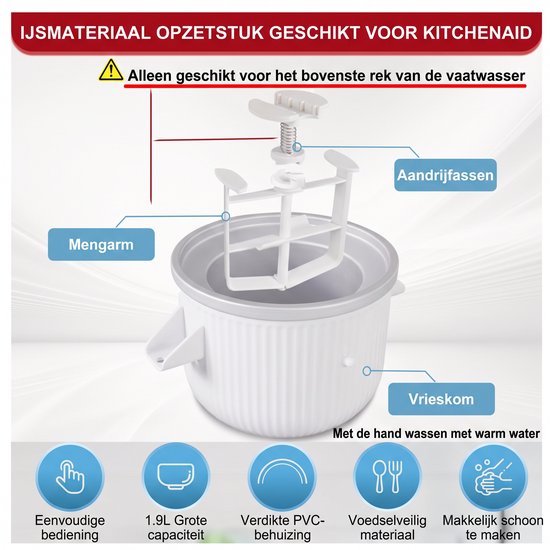 IJsmachine Opzetstuk Geschikt voor KitchenAid Keukenmixers - 1.9L / 2QT Roomijs Maker Accessoire - Inclusief Vrieskom & Mengarm — afbeelding 3