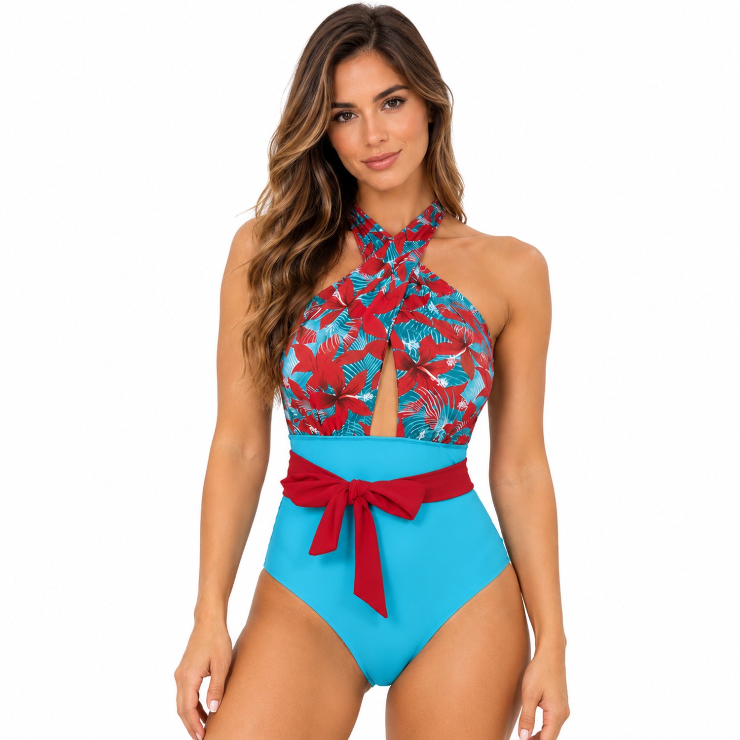 RedParrot Dames Halter Badpak – Blauw met Rood – Hoge Taille – Elegante Zwemkleding