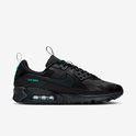 Zijaanzicht van de rechter Nike Air Max 90 sneaker in zwart met een turquoise Air Max-logo en zichtbare Air-unit.