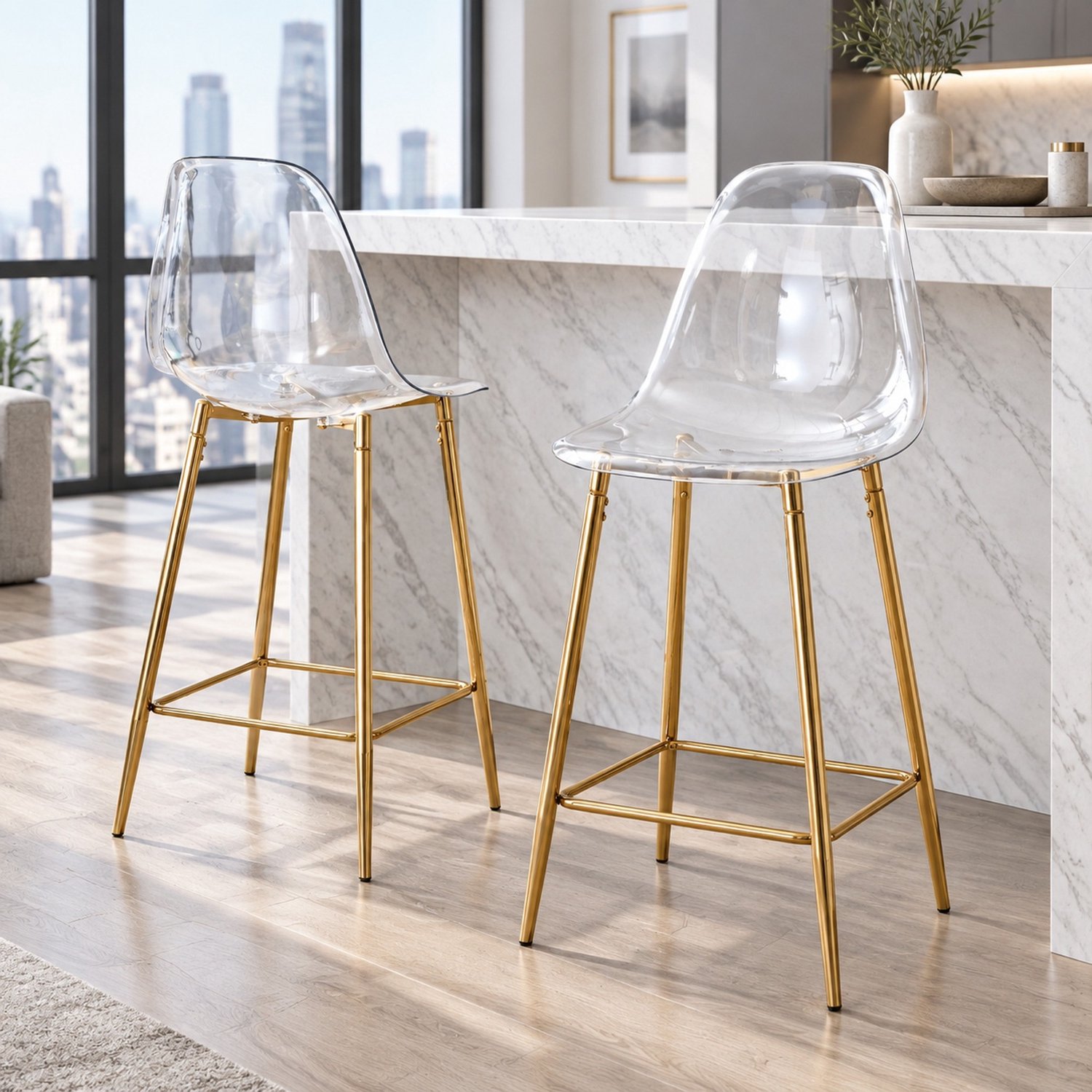 CHICFURN Barkruk - Set van 2 - Rugleuning - Voetsteun - Transparant goud