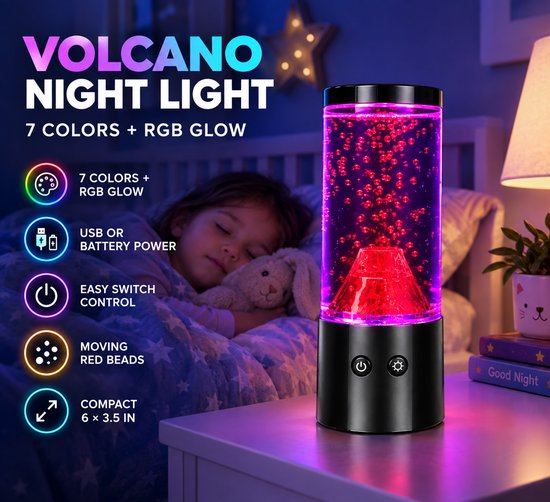 Lamp in de vorm van een vulkaan – Met vulkaanuitbarstingseffect – Creatieve decoratieve sfeerverlichting – Geruisloos LED-nachtlampje voor op tafel – Kleurveranderend (7 kleuren) – Geschikt voor binnen, Kerstmis, slaapkamers en kantoren – Zwart — afbeelding 2