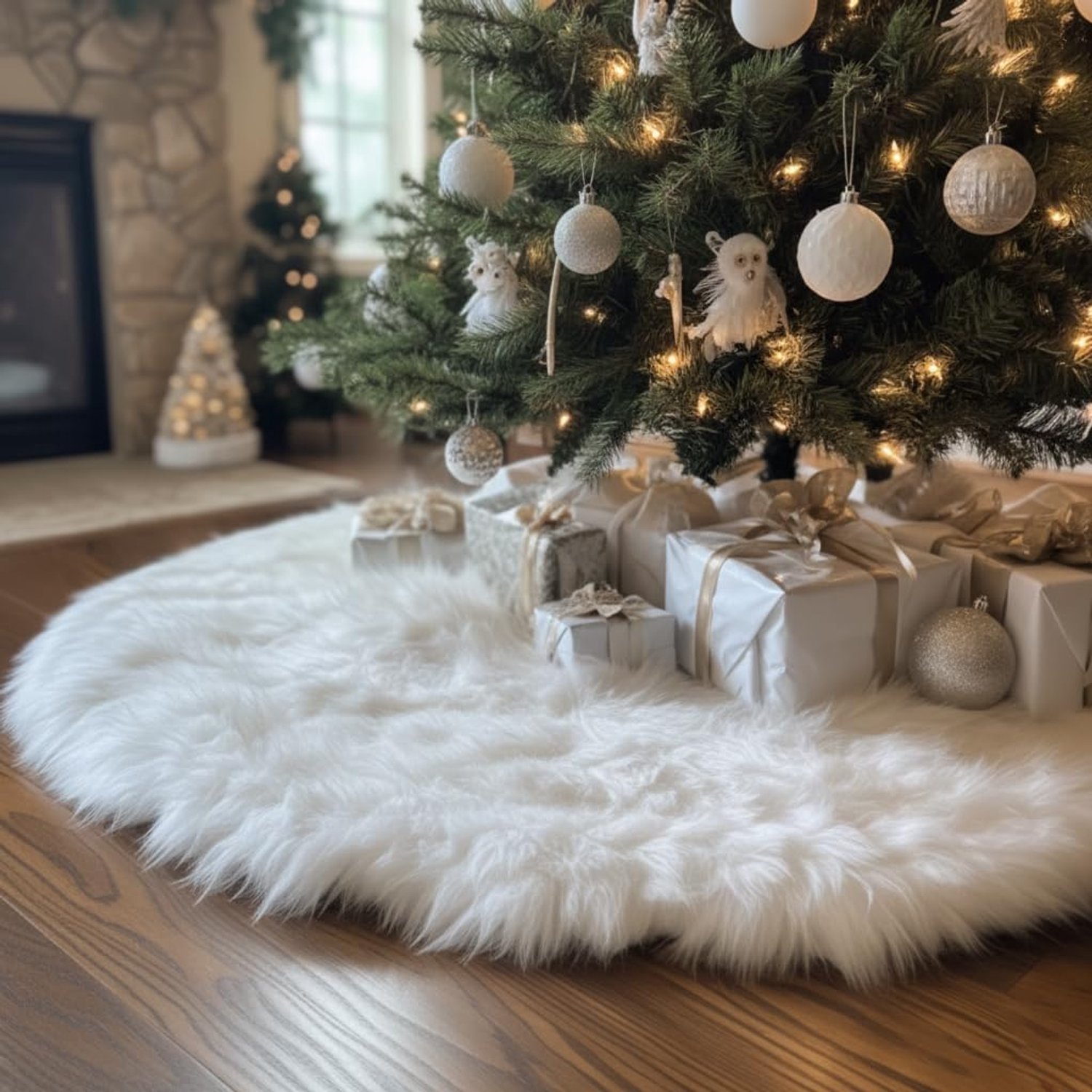 24 inch wit nepbont kerstboomrok – fluwelen Halloween- en kerstboomversiering, geschikt voor kerstbomen, feestdagen en huisdecoratie