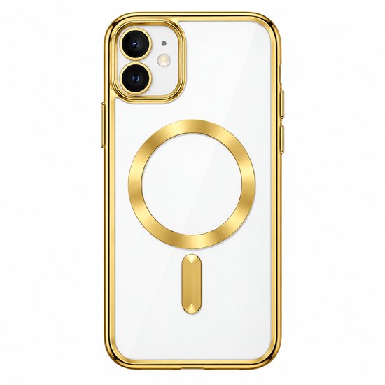Transparante backcover voor iPhone met glanzende gouden randen, MagSafe-ring en ingebouwde camerabescherming.
