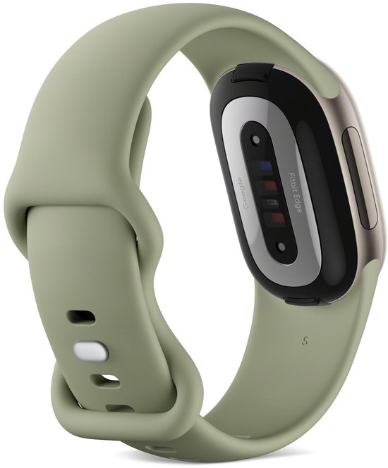 Achterkant van de olijfgroene Fitbit Edge met sensoren en het Google-logo.