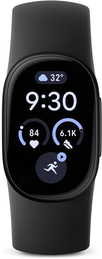 Zwarte Fitbit Edge met ingeschakeld display dat tijd, temperatuur en fitnessstatistieken toont.