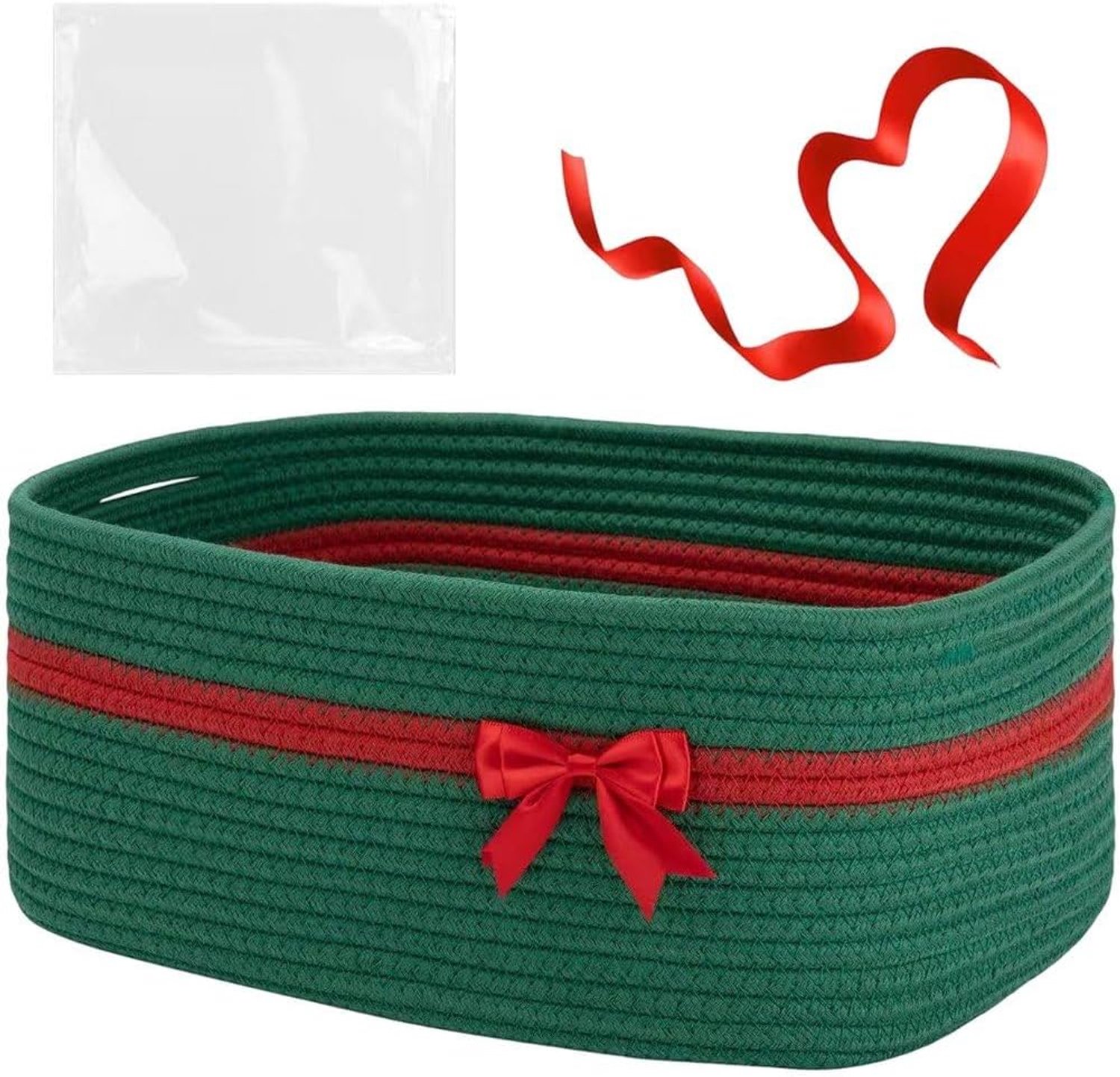 KZQ Cadeaumand - Lege mand - Met handvat - Inclusief doorzichtige zak en lint - Geschikt voor verjaardagen, Kerstmis, feestjes, enz. - 35 x 25 x 15 cm - Groen