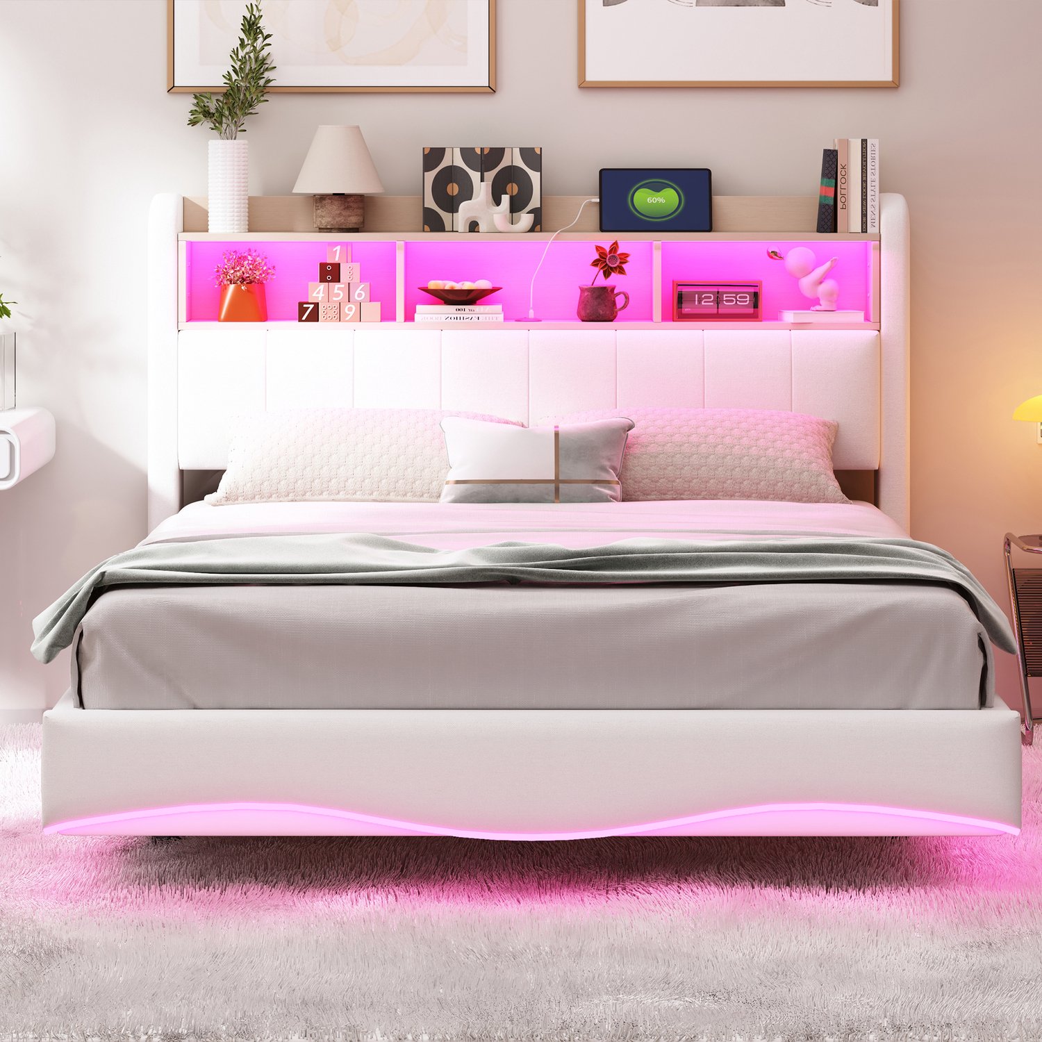 Merax Gestoffeerd bed 140x200cm - met opbergruimte - met LED-verlichting - USB- en TYPE-C-aansluitingen - beige - zonder matras