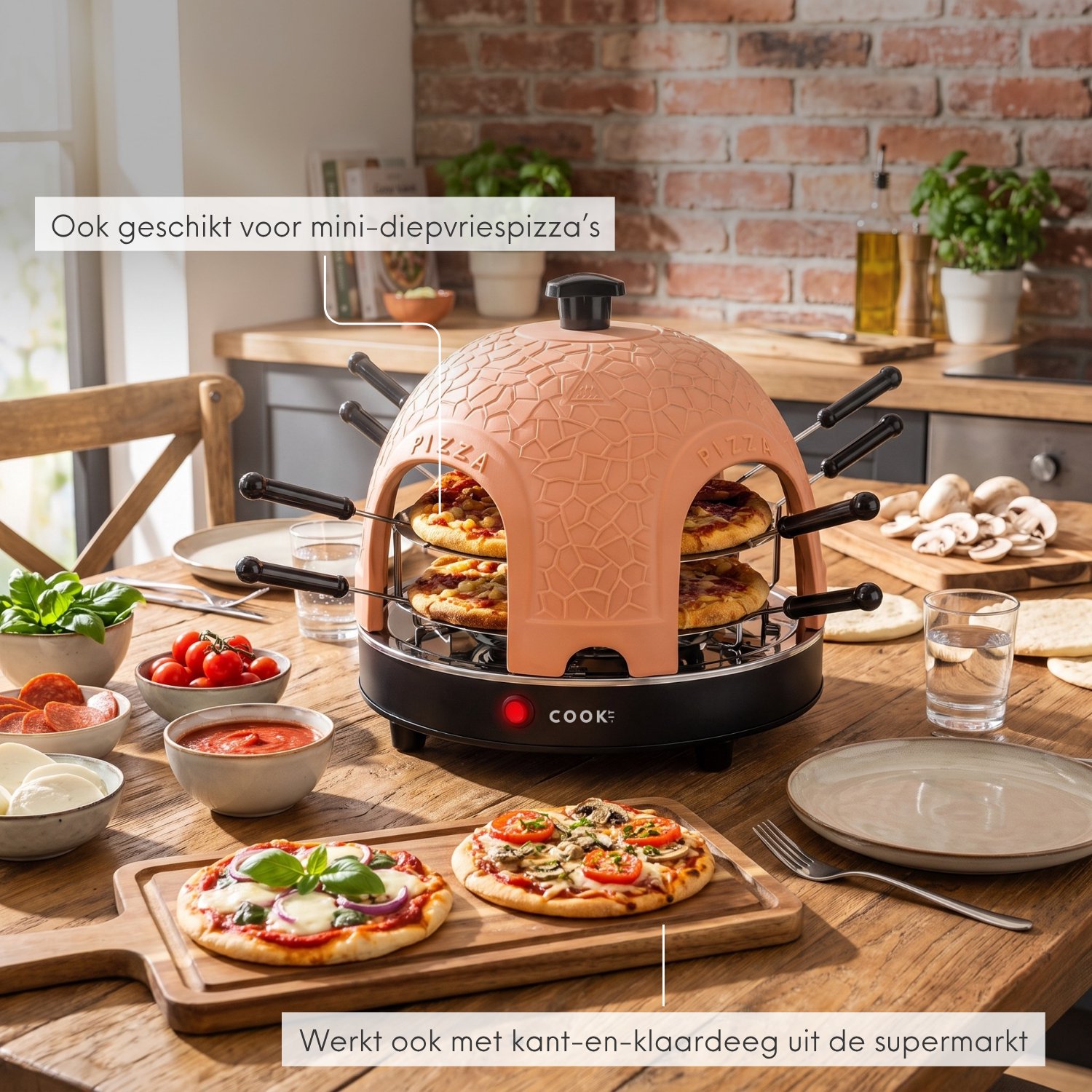 COOK-IT Pizza Oven 8 Personen - Mini Pizzaoven 1150W - Pizza Oven voor op Tafel - Terracotta Koepel - Inclusief 8 Pizzaspatels – foto 4
