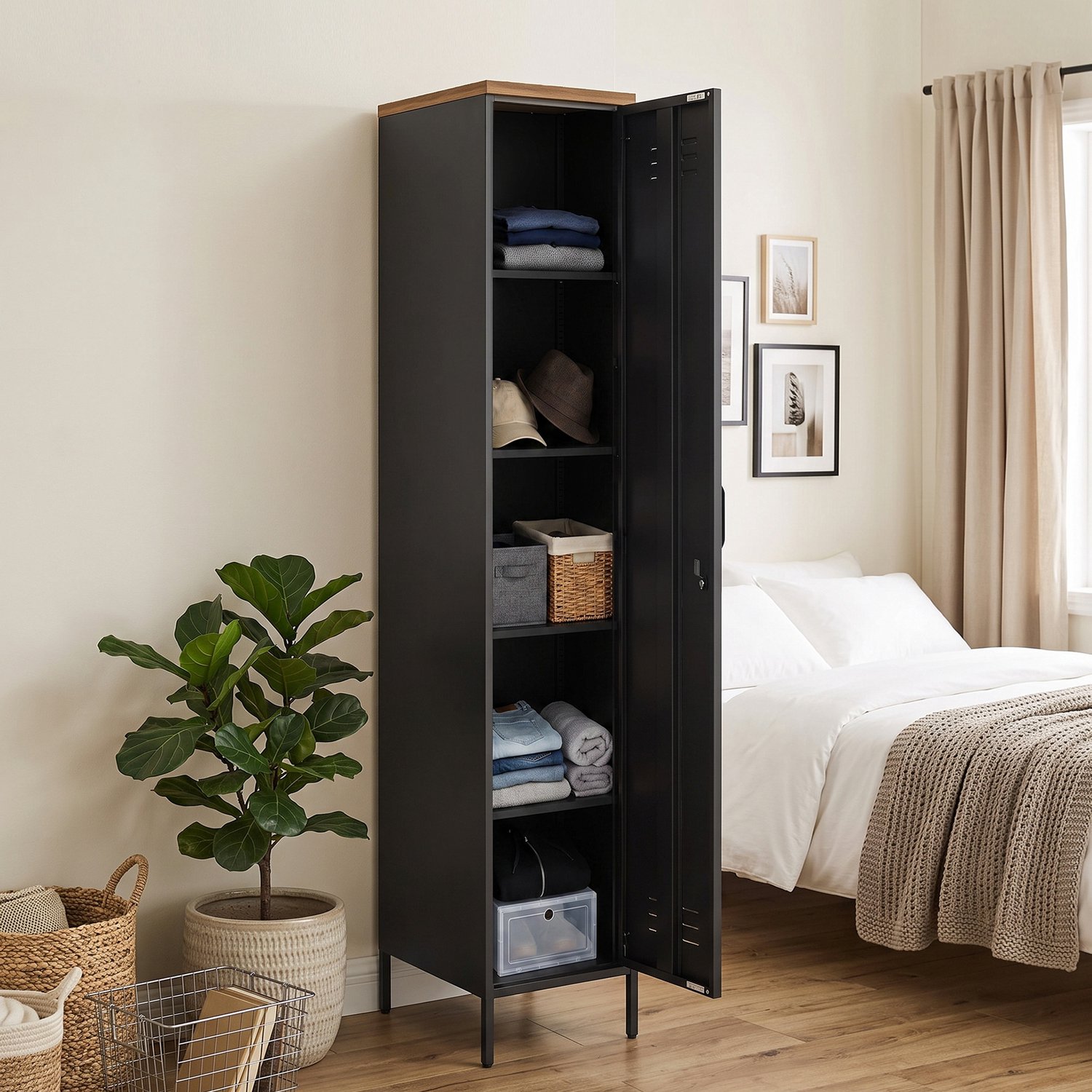 TEKROA® Kledingkast – Metalen kast met - verstelbare planken - voor slaapkamer en kantoor - 35x46x183 cm - zwart