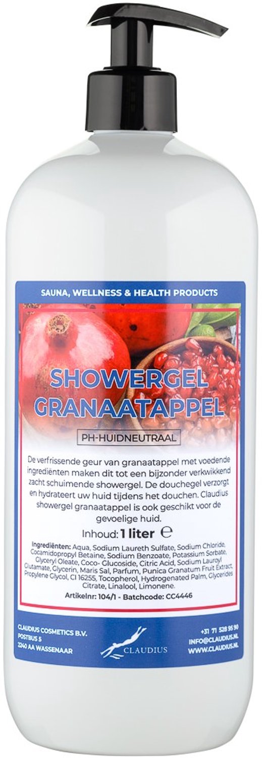 Claudius Douchegel Granaatappel 1 liter met gratis zwarte pomp - showergel - navulling - voordeelverpakking