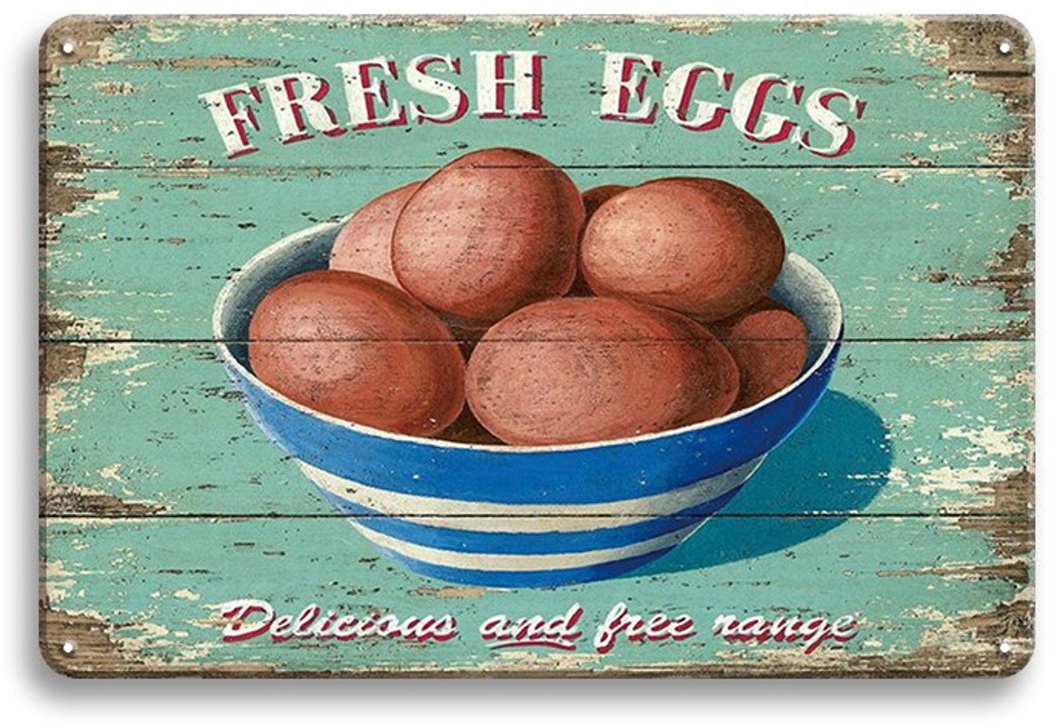 Fresh Eggs Delicious And Free Range - Metalen Wandbord 20x30cm – Kippen Eieren Tekstbord – Boerderij Keuken Decoratie – Vintage Retro Wanddecoratie