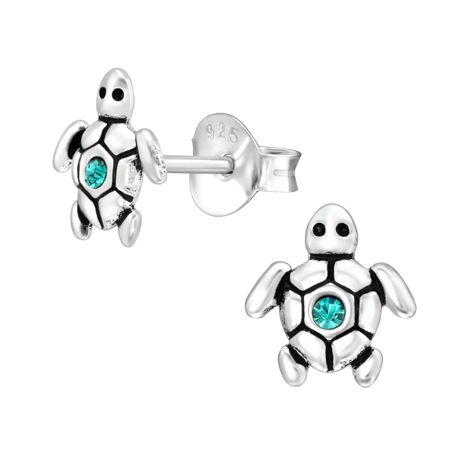 Schildpad oorstekers - zilver - blauwgroene kristal - 925 zilver