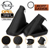 Echt Leder Pookhoes & Handremhoes Opel Corsa C Bj 2000-2006 Witte Stiksels