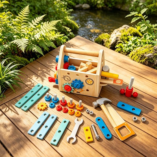 Houten gereedschapskist - Om mee te spelen en schroeven vast te draaien - Speelgoedgereedschapshuis voor fantasiespel - Montessori-speelgoed - Houten speelgoed - Educatief speelgoed voor kinderen - Realistische gereedschapsset — afbeelding 3