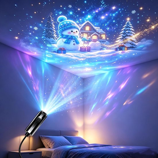 Kerstprojector voor binnen, plug-and-play kerstprojector, 6-delige high-definition 5D holografische projectie nachtlampje set, 6/24 kerstscènes, 360° verstelbaar, USB plafondlamp, geschikt voor slaapkamers, woonkamers en auto's.