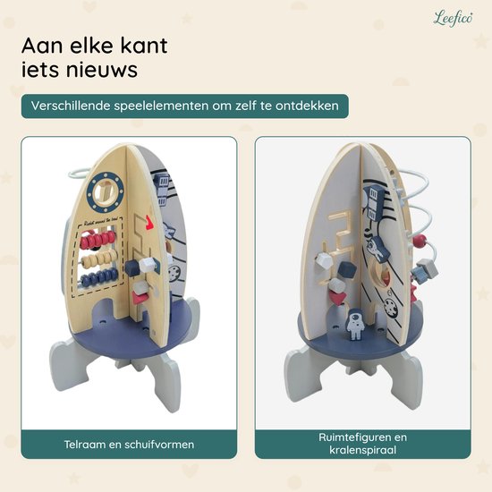 Leefico Activiteiten Kubus Raket- Montessori Speelgoed voor Baby - Sensorisch Educatief Kinderspeelgoed 1 jaar - Houten Speelgoed voor Peuters - Blauw — afbeelding 5