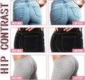 Voor en na vergelijking van billen in jeans en grijze legging na gebruik van verzorgingscrème.