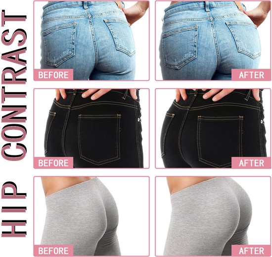 Voor en na vergelijking van billen in jeans en grijze legging na gebruik van verzorgingscrème.
