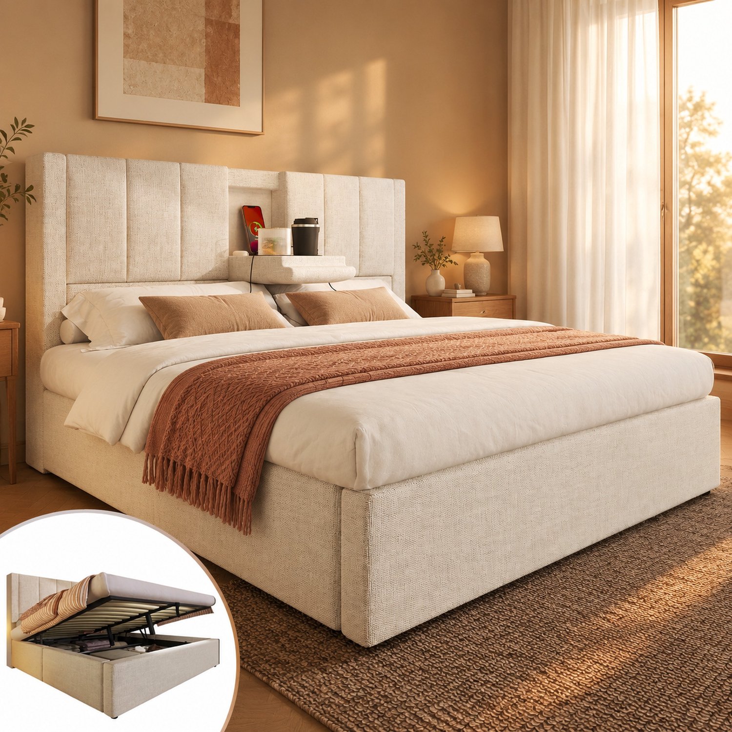 MIVRAY Gestoffeerd Bed 140x200 Cm - Hoofdbord Met Bekerhouders En Oplaadstation - Hydraulische Opbergruimte - Linnen - Beige - Zonder Matras