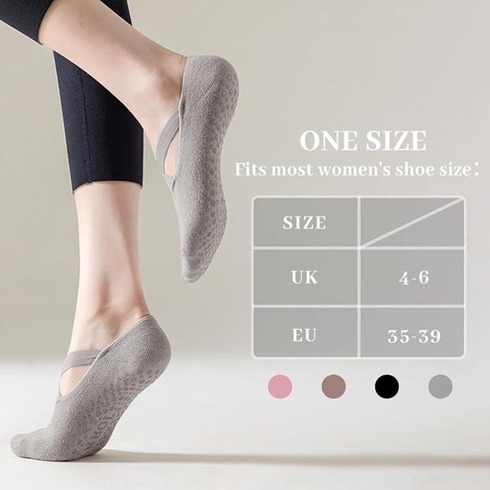 Yoga Sokken - voor dames - 4 paar - Antislip Katoenen Sokken - Grip - Pilates Sokken - met riemen - Sneakersokken - voor Dans en Workouts - eenheidsmaat — afbeelding 4