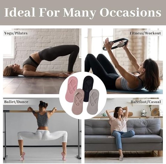 Yoga Sokken - voor dames - 4 paar - Antislip Katoenen Sokken - Grip - Pilates Sokken - met riemen - Sneakersokken - voor Dans en Workouts - eenheidsmaat — afbeelding 2