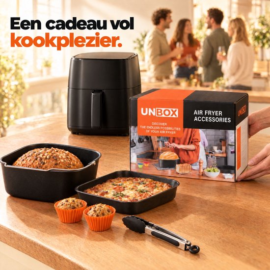 Een cadeau vol kookplezier: UNBOX airfryer accessoiredoos met bakvorm, siliconen vormpjes en tang.